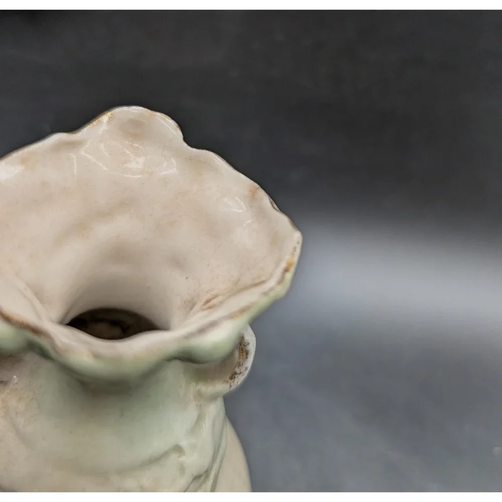 Antique Hand Painted Floral Porcelain Miniature Bud Vase Ruffled Rim 2-Handle